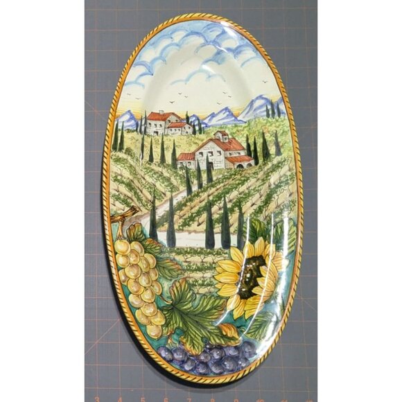 Hand-Painted Italian Ceramic Wall Plate Vineyard Scene Sunflowers - Picture 8 of 16